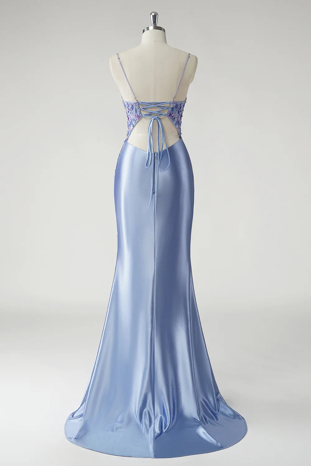 Light Blue Beaded Lace-Up Mermaid Maxi Evening Dresses
