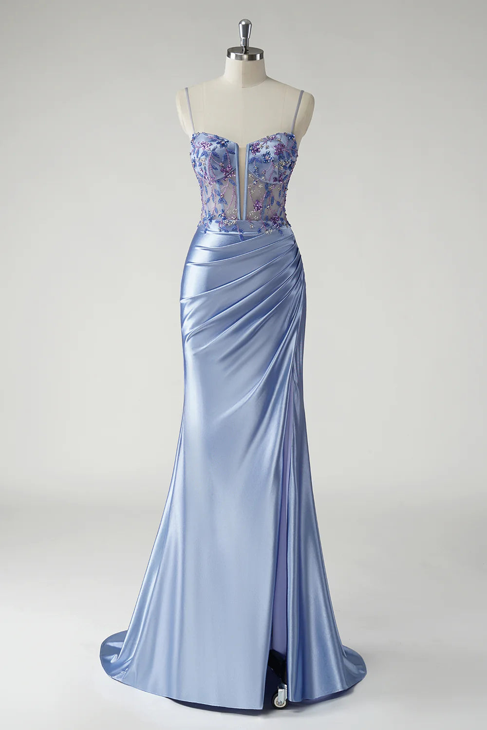 Light Blue Beaded Lace-Up Mermaid Maxi Evening Dresses