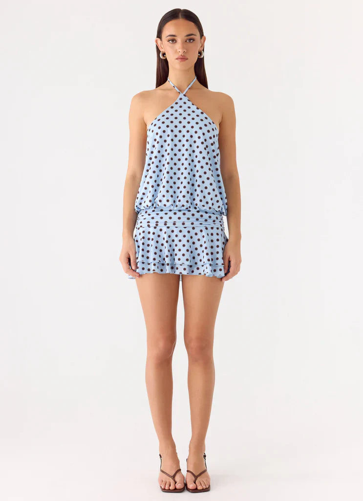 Light Blue Brown Polka Dot Halter Neck Backless Mini Dress For Elegant Casual Party Events