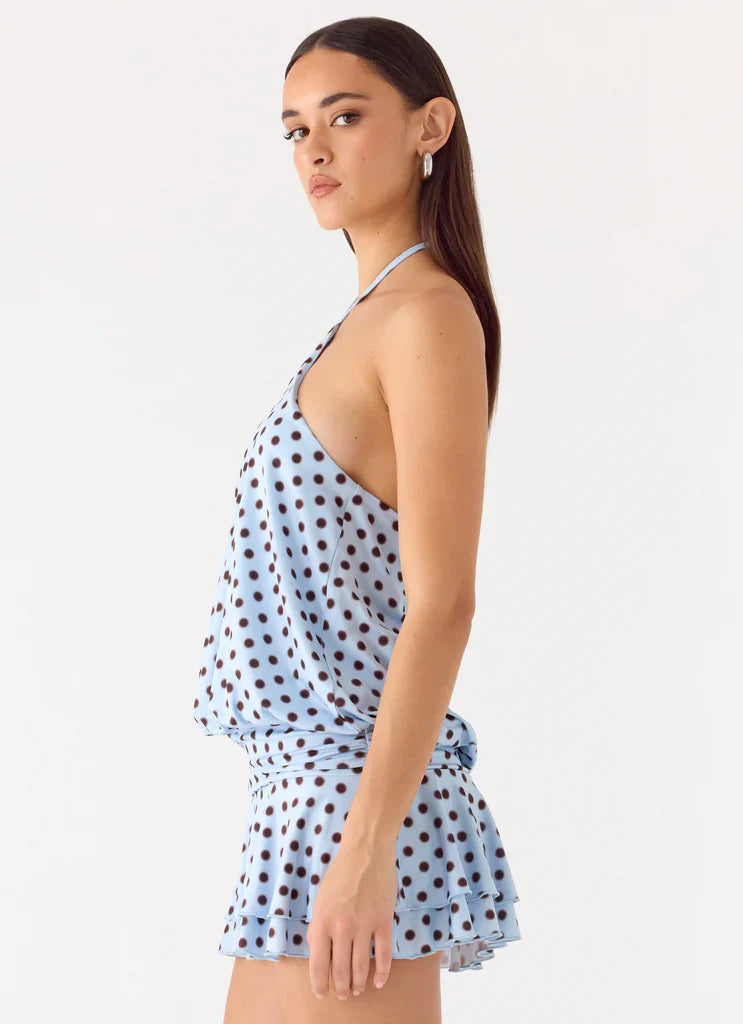 Light Blue Brown Polka Dot Halter Neck Backless Mini Dress For Elegant Casual Party Events