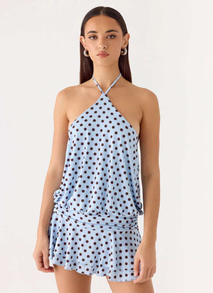 Light Blue Brown Polka Dot Halter Neck Backless Mini Dress For Elegant Casual Party Events