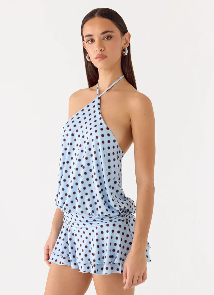 Light Blue Brown Polka Dot Halter Neck Backless Mini Dress For Elegant Casual Party Events