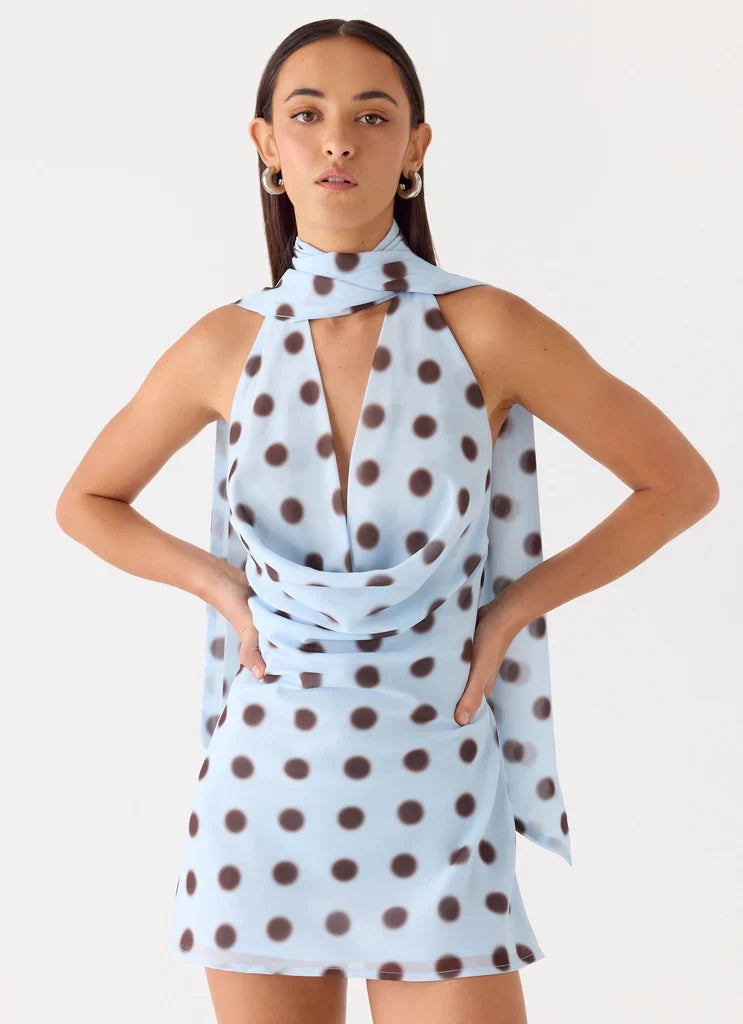 Light Blue Brown Polka Dot Halter Neck Cowl Backless Mini Dress For Elegant Casual Party Events