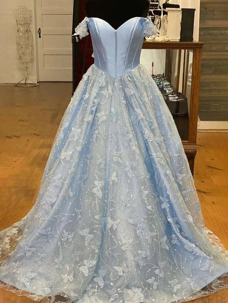 Light Blue Butterfly Lace Up Back Tulle Ball Gown Evening Dresses