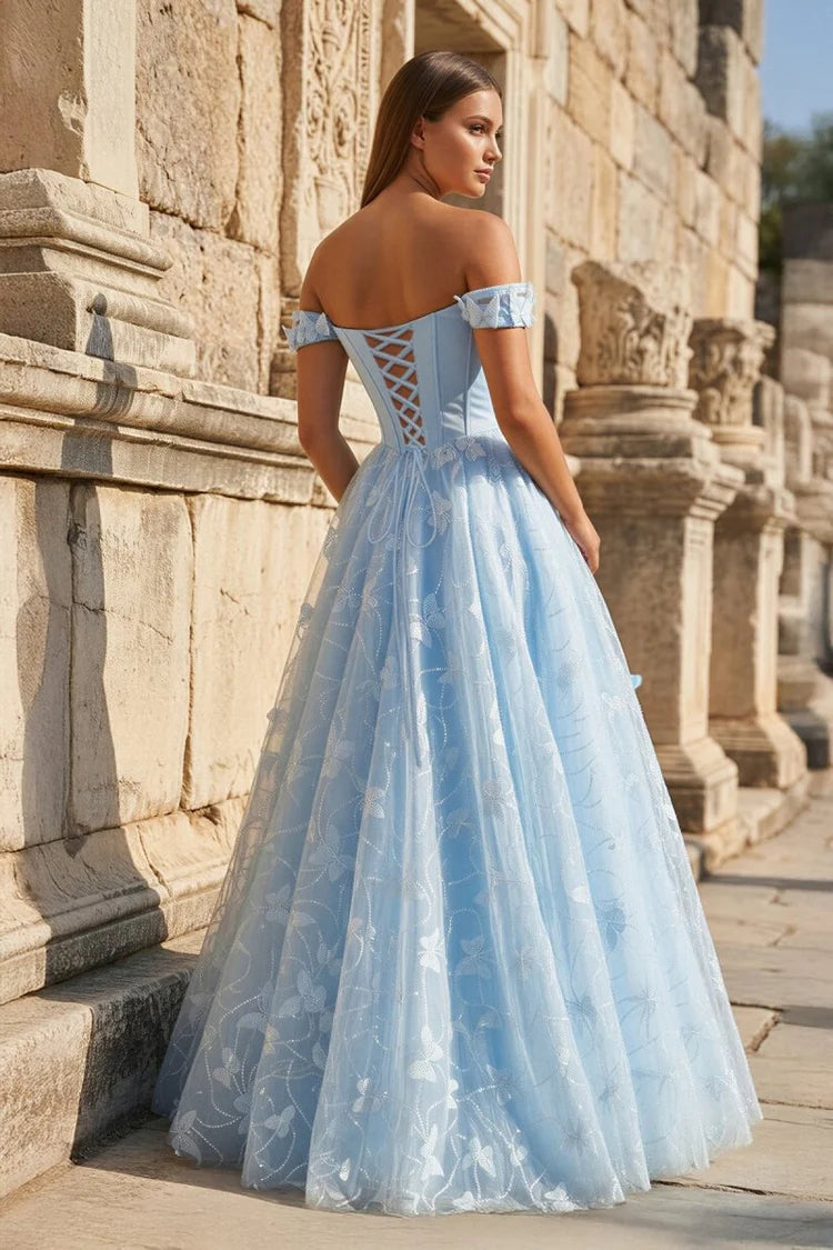 Light Blue Butterfly Lace Up Back Tulle Ball Gown Evening Dresses