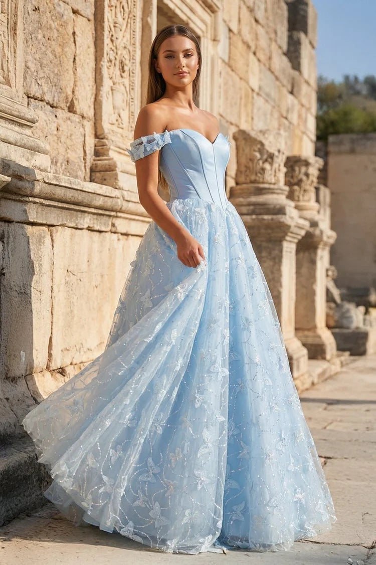 Light Blue Butterfly Lace Up Back Tulle Ball Gown Evening Dresses