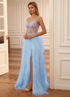 Light Blue Floral Applique Corset Tiered Tulle A-Line Evening Dresses
