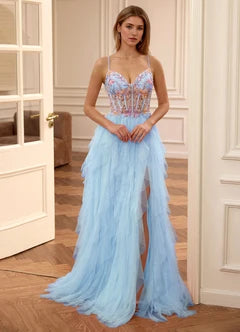 Light Blue Floral Applique Corset Tiered Tulle A-Line Evening Dresses