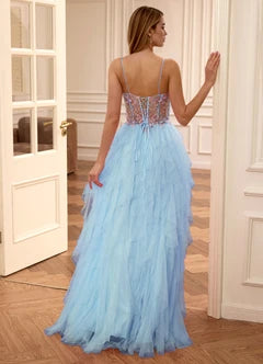 Light Blue Floral Applique Corset Tiered Tulle A-Line Evening Dresses