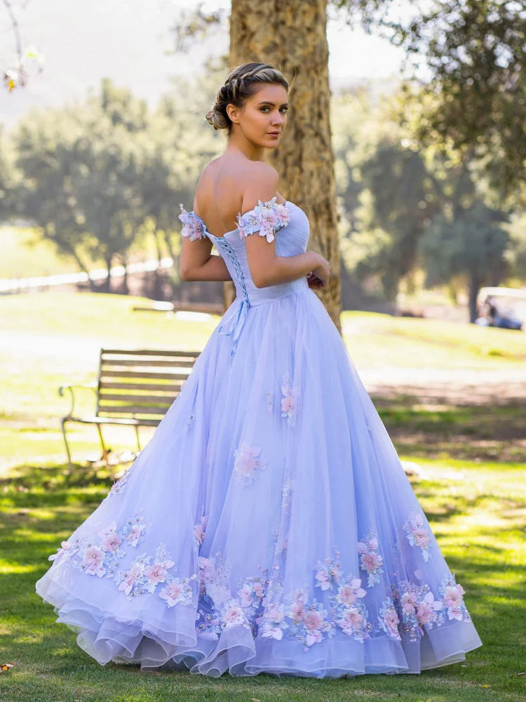 Light Blue Floral Applique Off Shoulder Evening Dresses