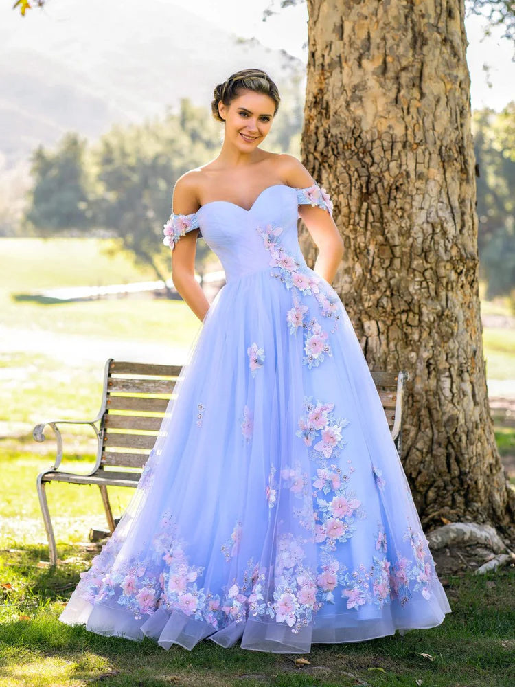 Light Blue Floral Applique Off Shoulder Evening Dresses