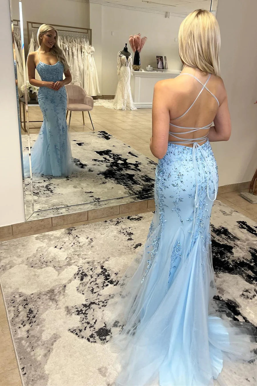Light Blue Floral Appliques Scoop Neck Lace-Up Trumpet Long Dress