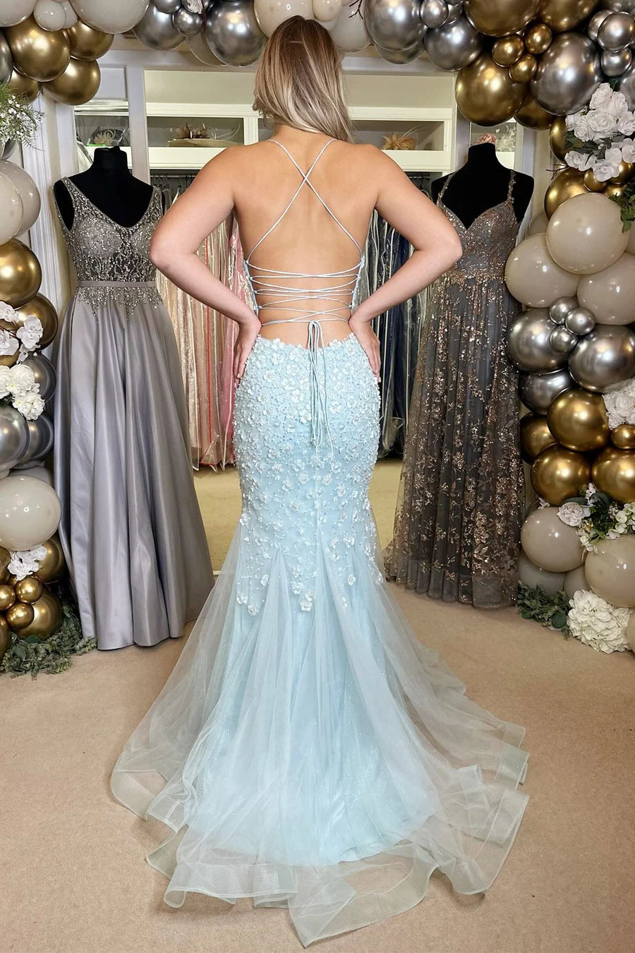 Light Blue Floral Appliques V-Neck Lace-Up Long Gown