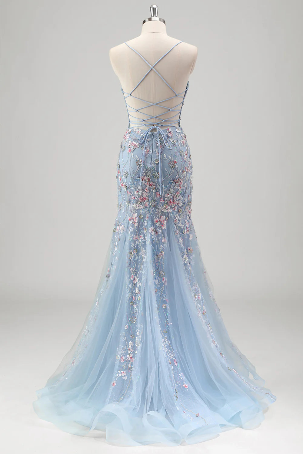 Light Blue Floral Beaded Corset Mermaid with Lace-Up Back Evening Dress