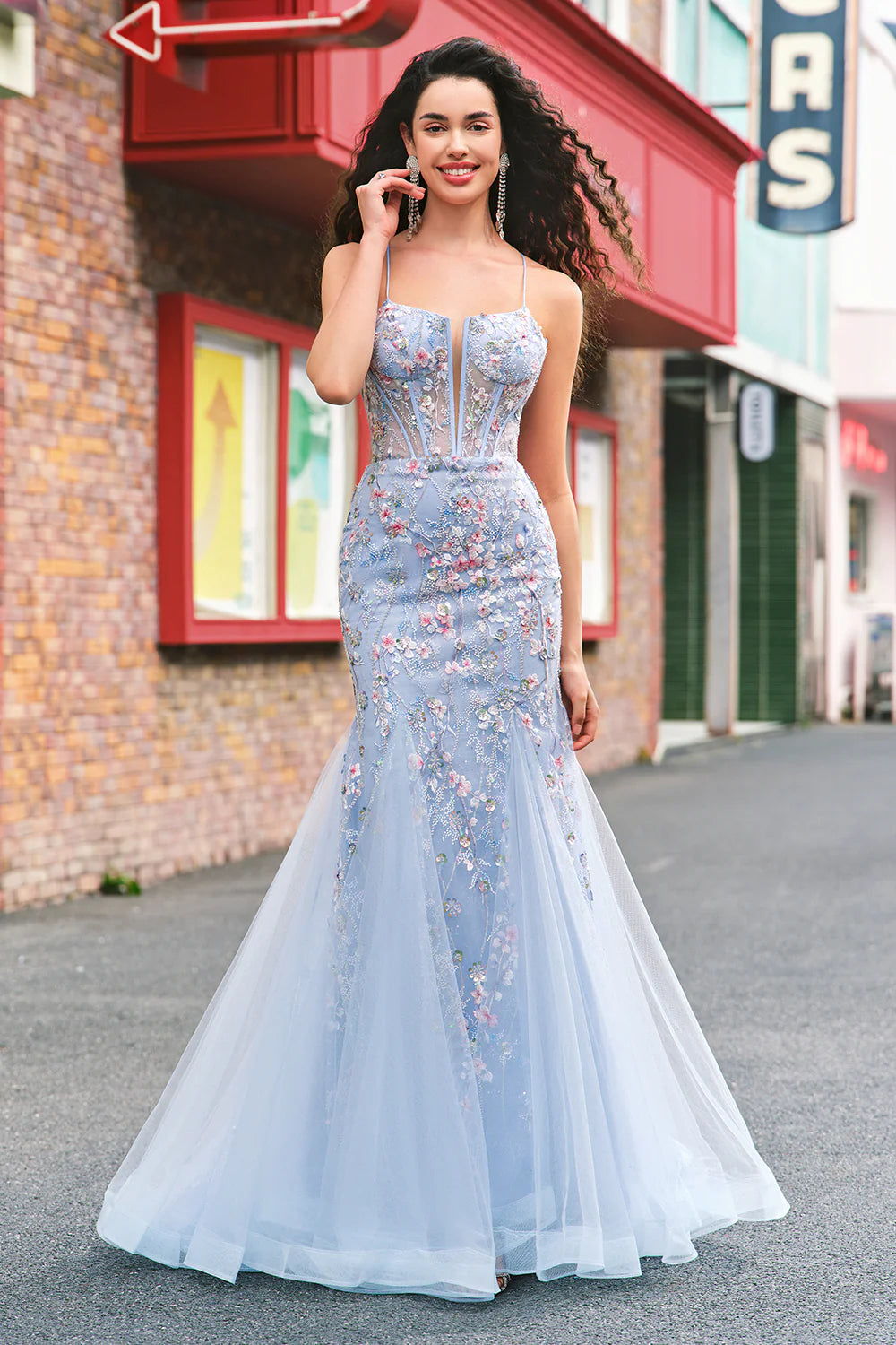 Light Blue Floral Beaded Corset Mermaid with Lace-Up Back Evening Dress