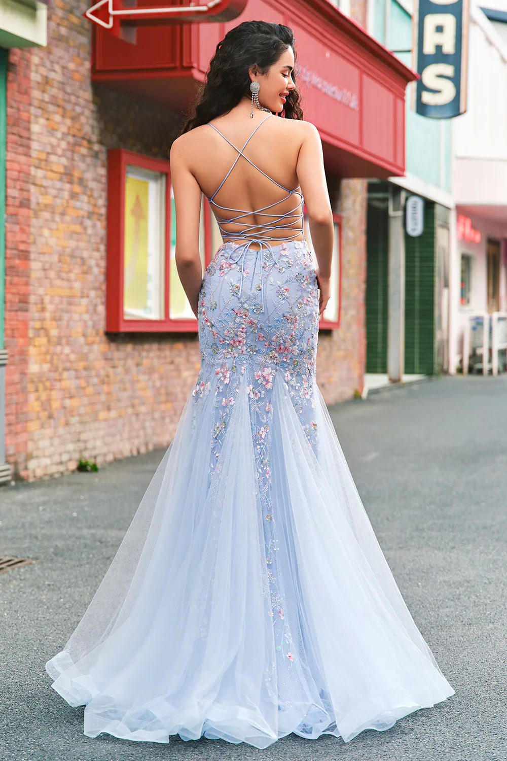 Light Blue Floral Beaded Corset Mermaid with Lace-Up Back Evening Dress