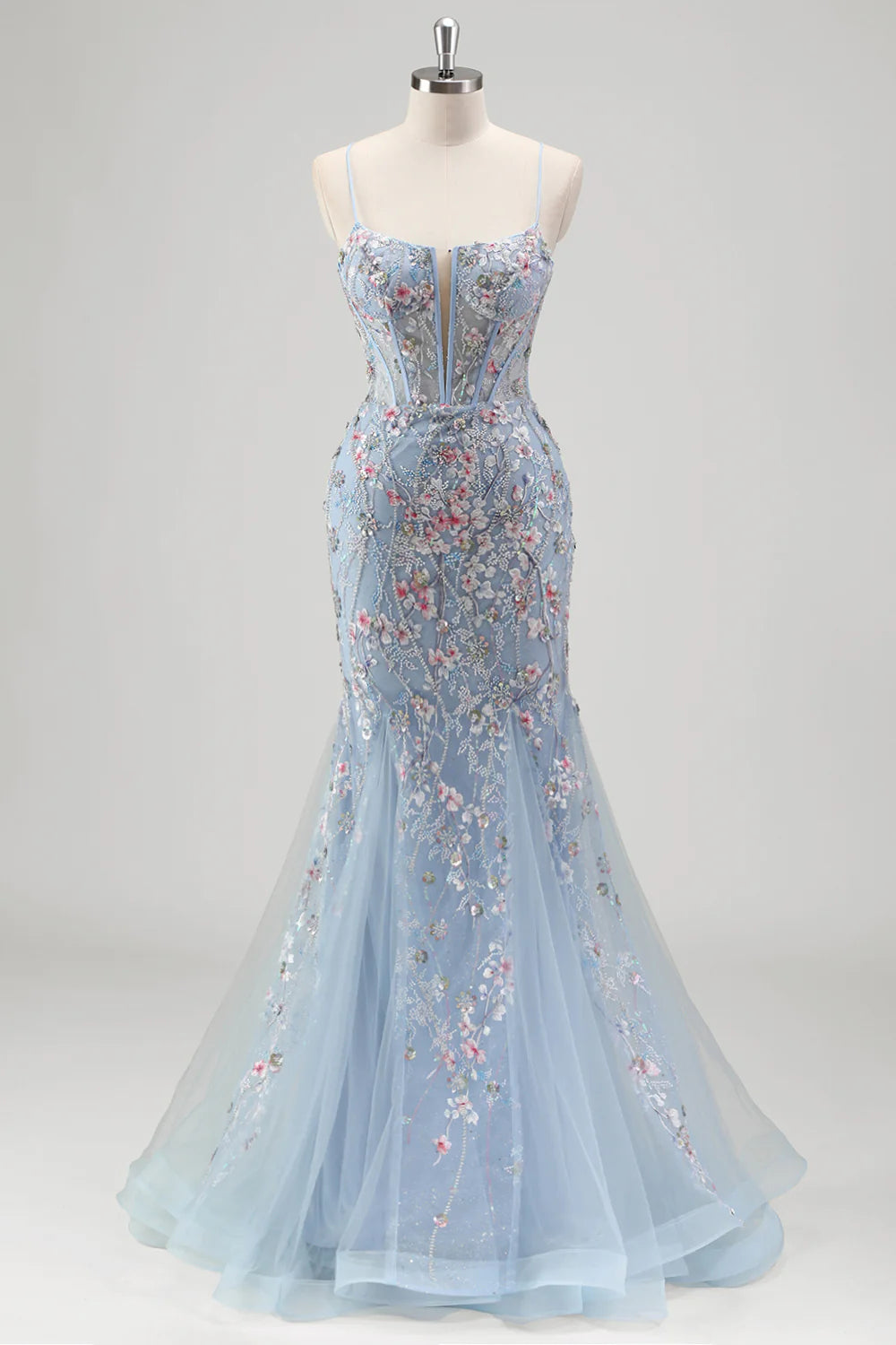Light Blue Floral Beaded Corset Mermaid with Lace-Up Back Evening Dress