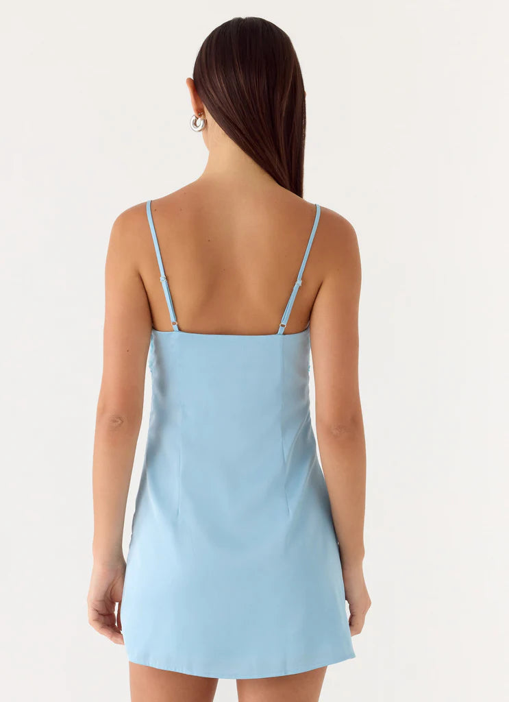 Light Blue Floral Beaded Spaghetti Strap Mini Evening Dresses