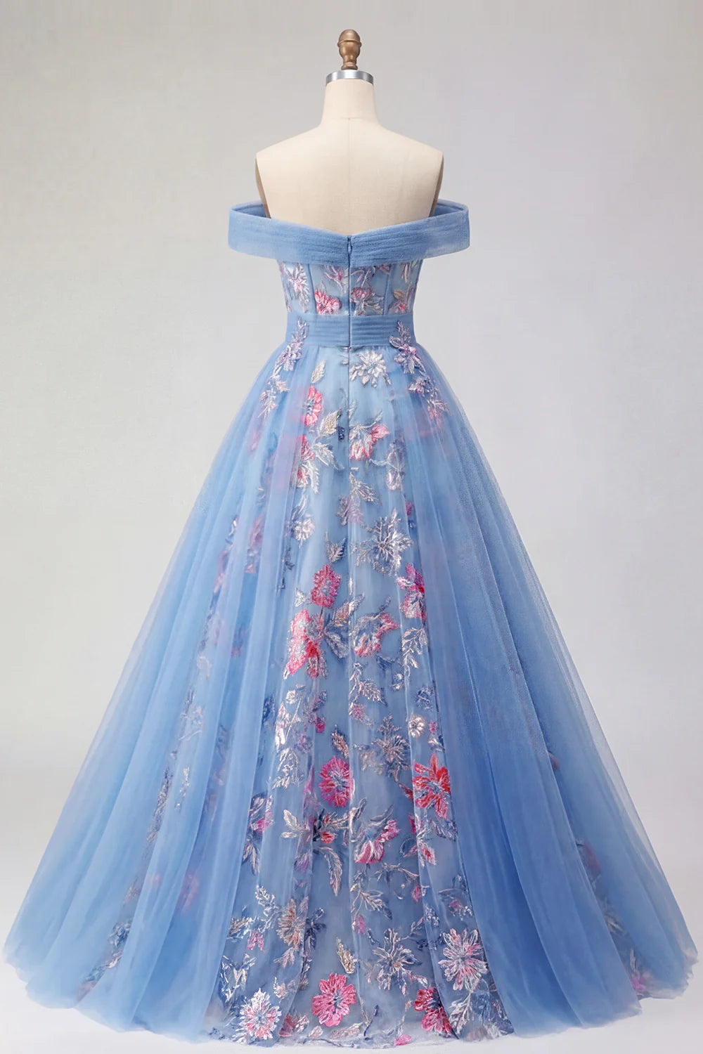 Light Blue Floral Embroidered Off-the-Shoulder Corset Tulle Evening Dresses