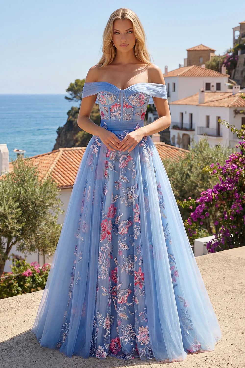 Light Blue Floral Embroidered Off-the-Shoulder Corset Tulle Evening Dresses