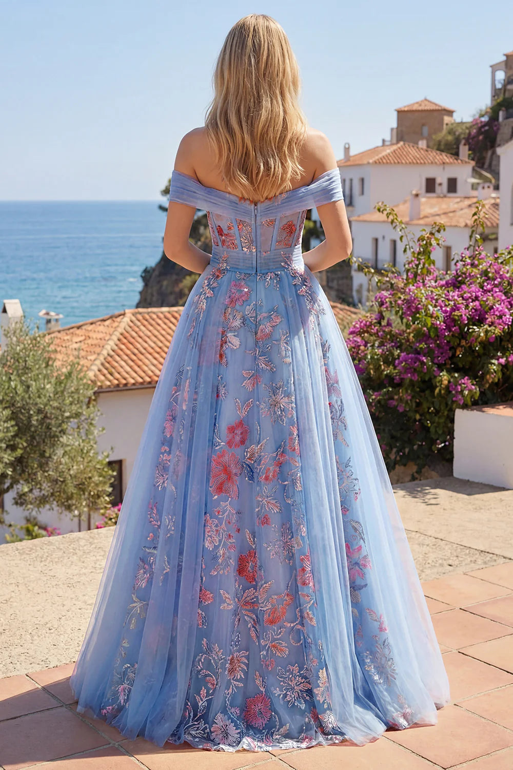 Light Blue Floral Embroidered Off-the-Shoulder Corset Tulle Evening Dresses