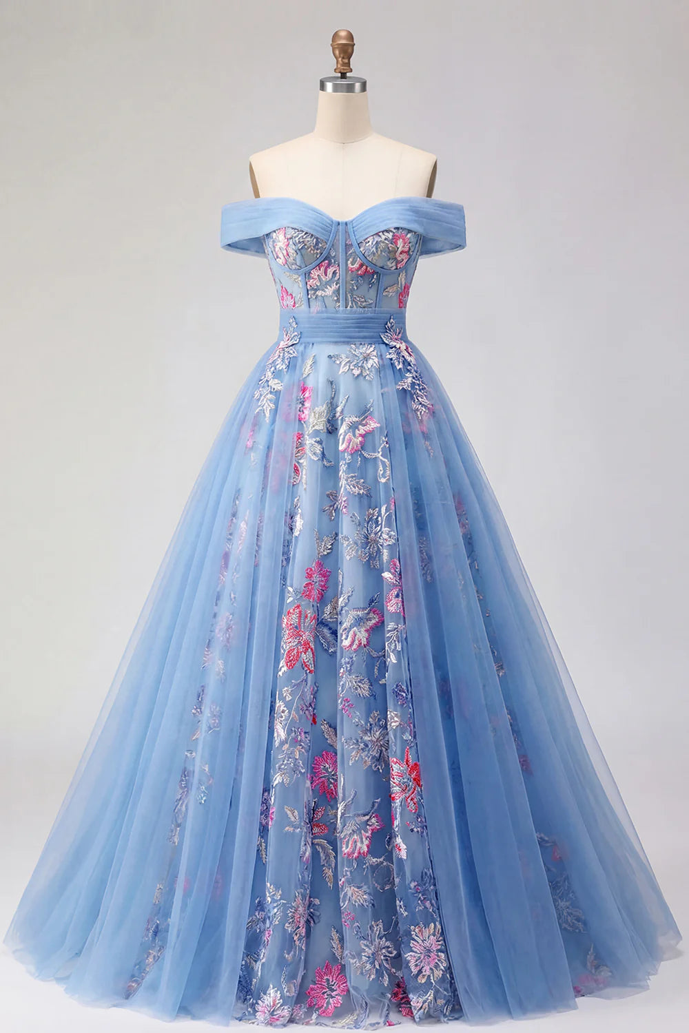 Light Blue Floral Embroidered Off-the-Shoulder Corset Tulle Evening Dresses