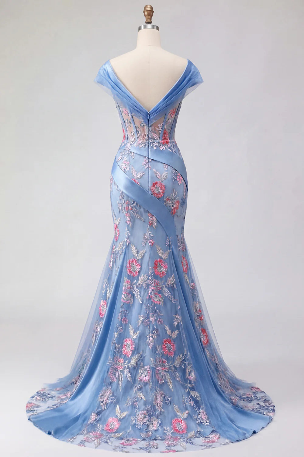 Light Blue Floral Embroidered Off-the-Shoulder Mermaid Evening Dresses