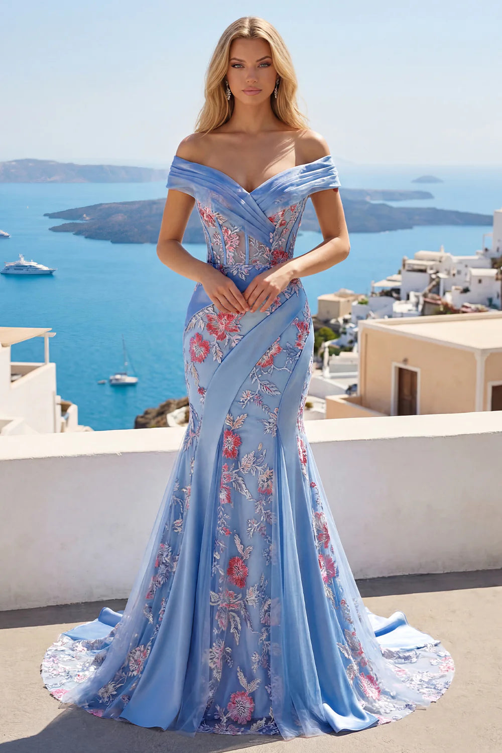 Light Blue Floral Embroidered Off-the-Shoulder Mermaid Evening Dresses