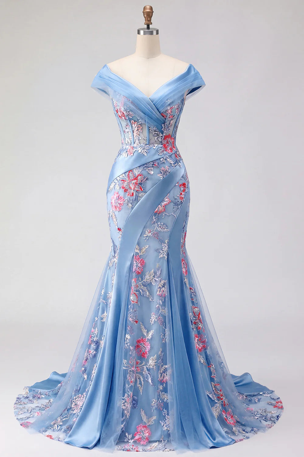 Light Blue Floral Embroidered Off-the-Shoulder Mermaid Evening Dresses