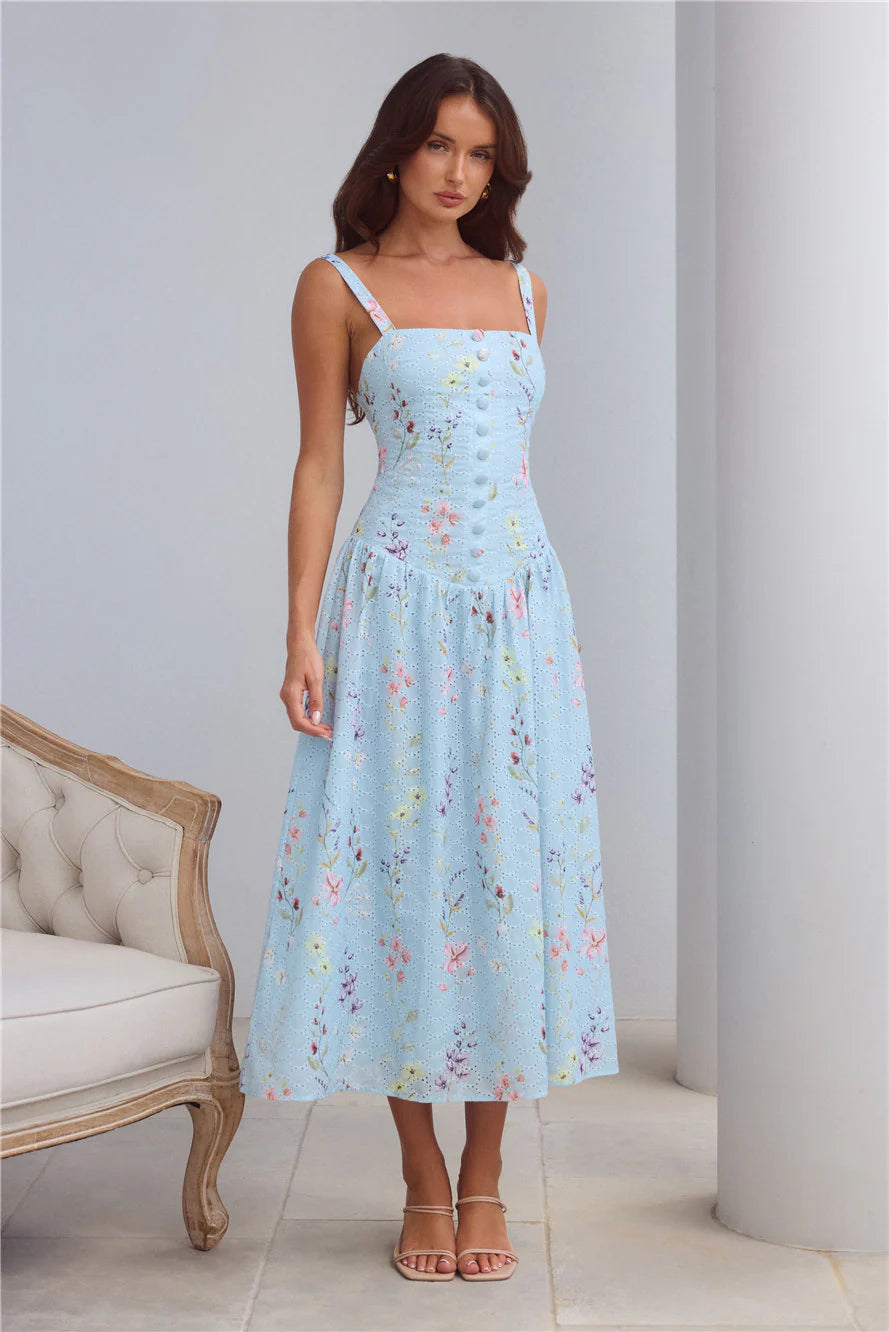 Light Blue Floral Eyelet Smocked Back Midi Dresses