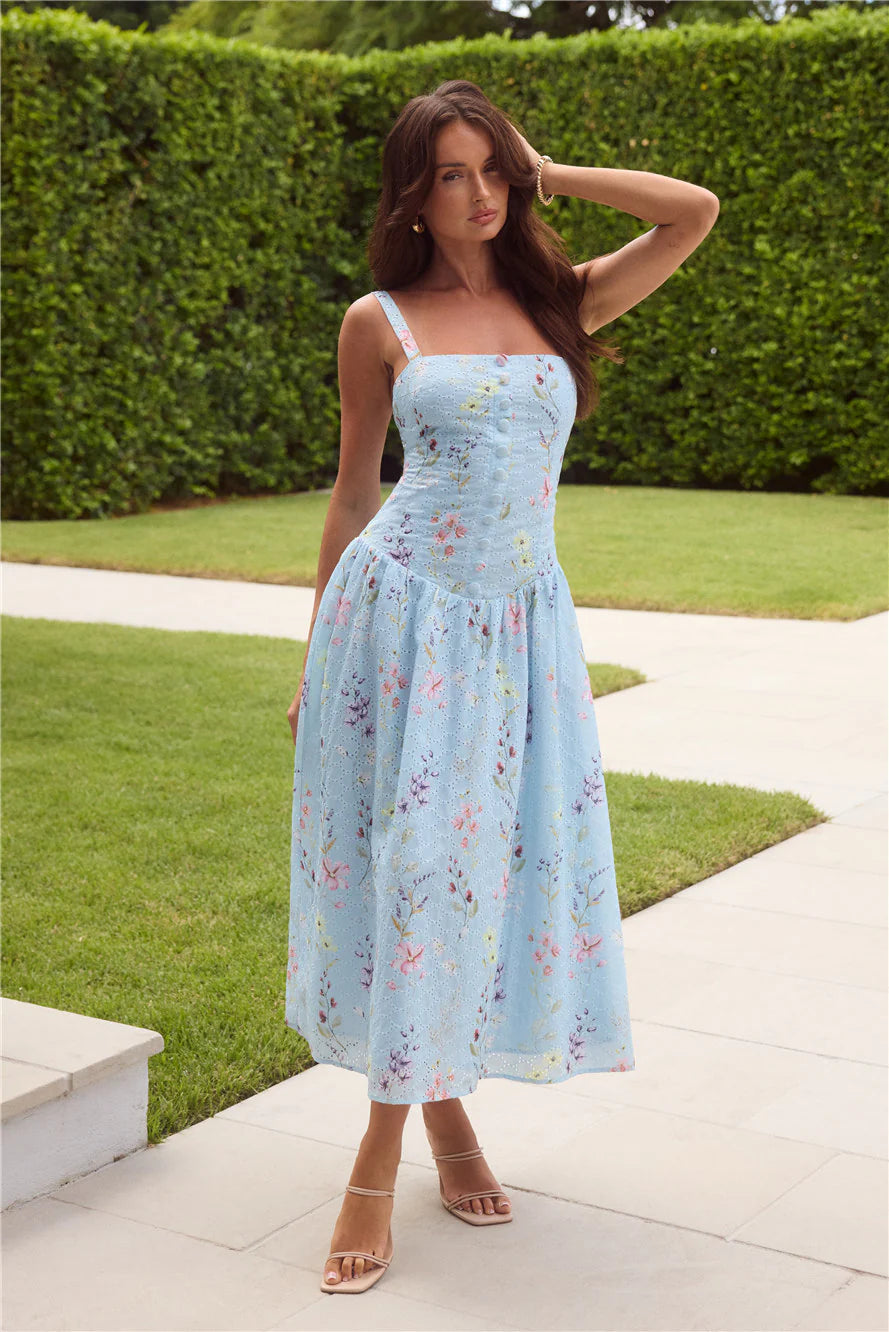 Light Blue Floral Eyelet Smocked Back Midi Dresses