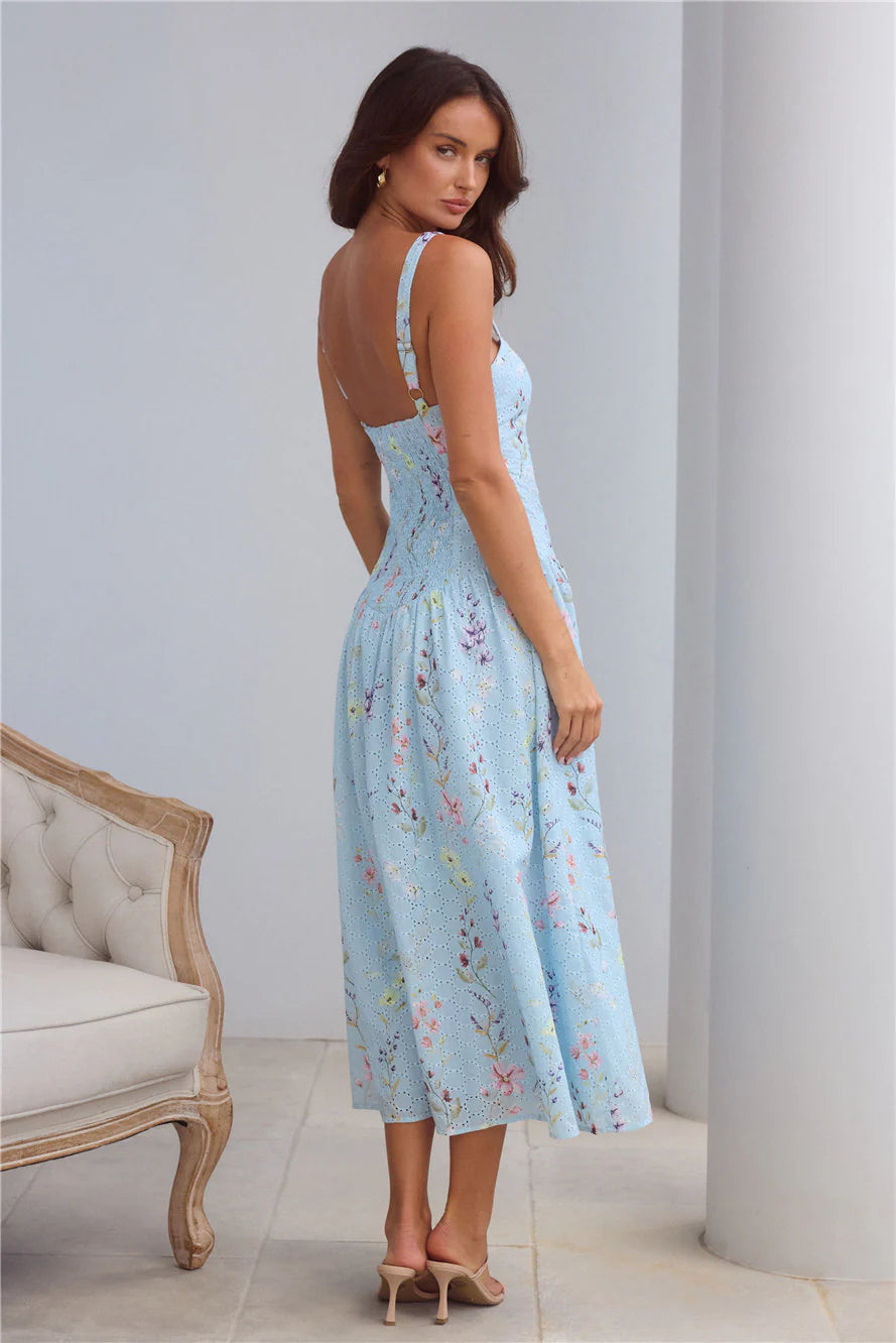 Light Blue Floral Eyelet Smocked Back Midi Dresses