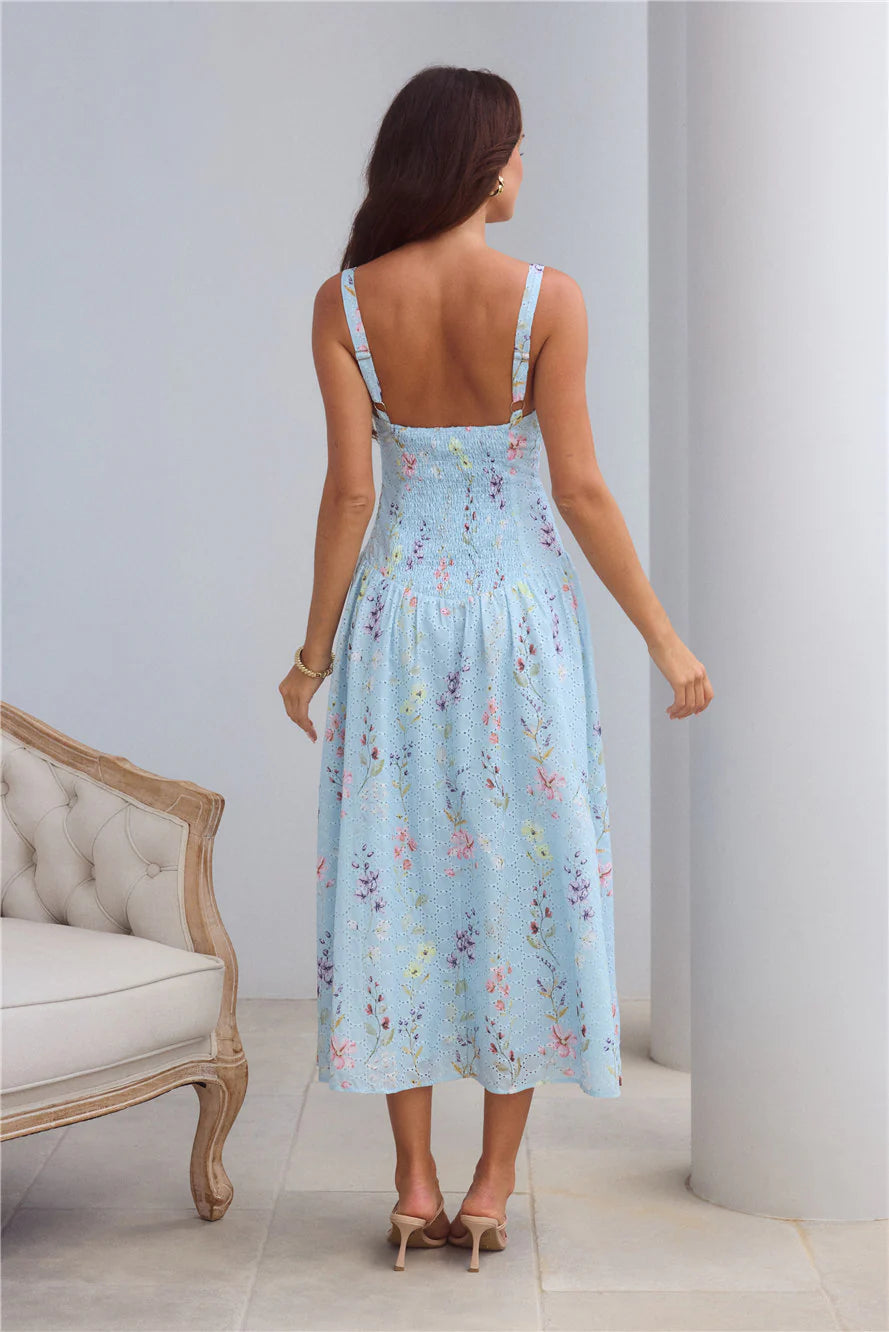 Light Blue Floral Eyelet Smocked Back Midi Dresses