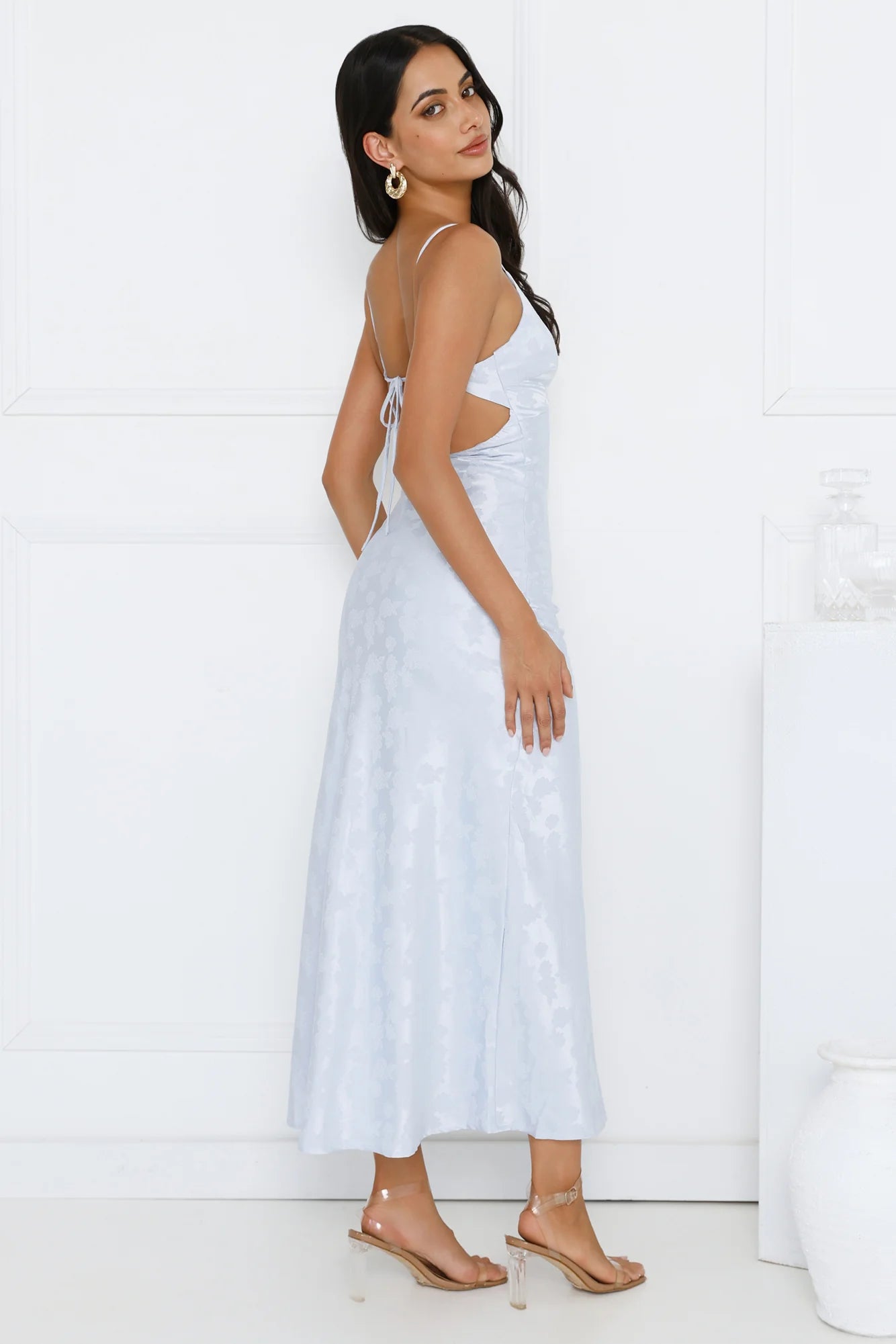 Light Blue Floral Jacquard Spaghetti Strap Open Back Midi Evening Dresses