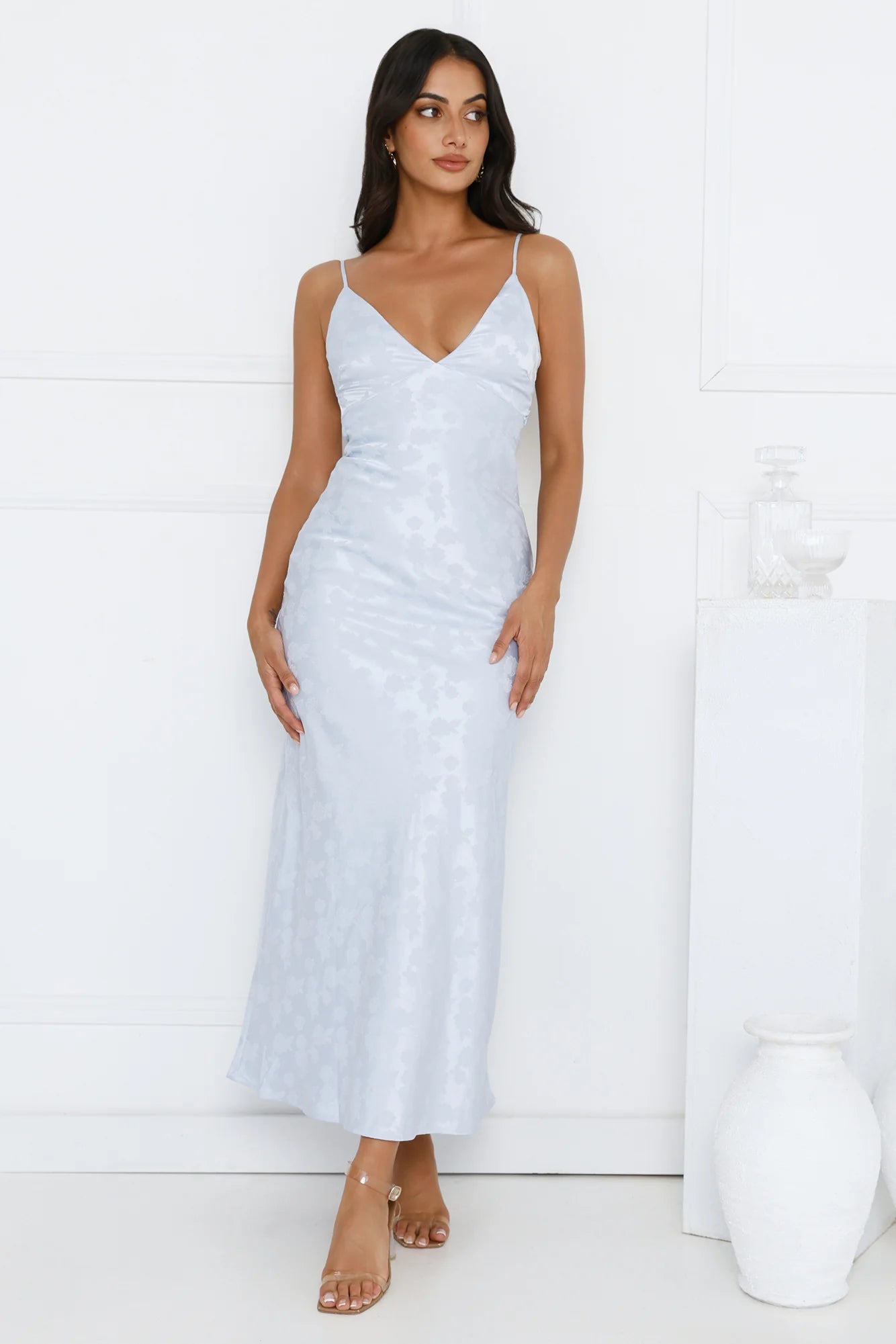 Light Blue Floral Jacquard Spaghetti Strap Open Back Midi Evening Dresses