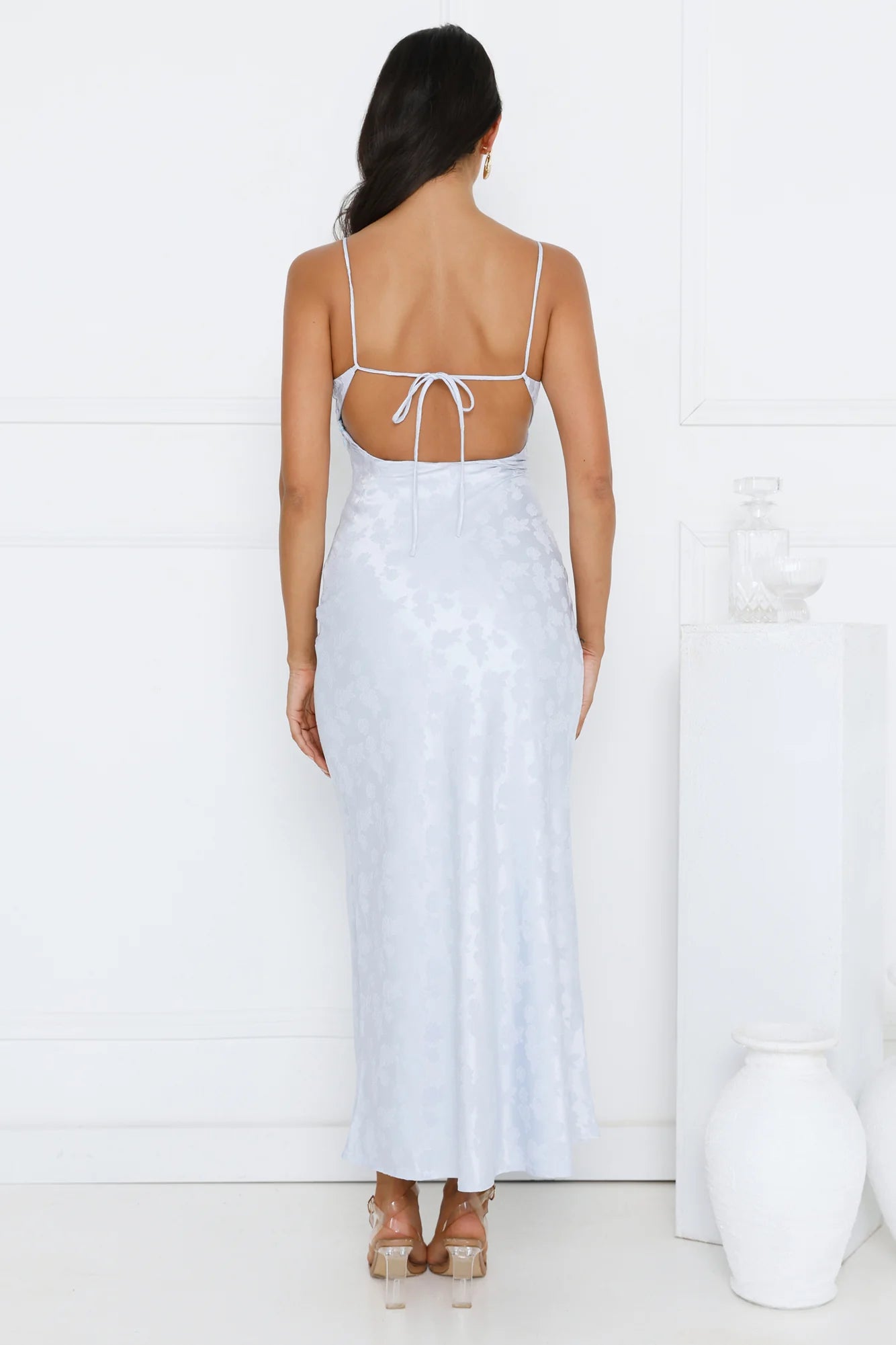 Light Blue Floral Jacquard Spaghetti Strap Open Back Midi Evening Dresses