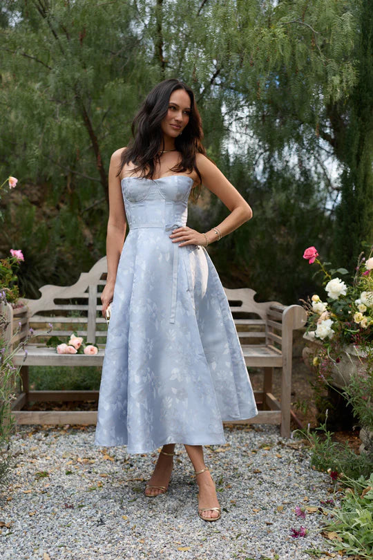 Light Blue Floral Jacquard Strapless Corset Back Midi Evening Dresses