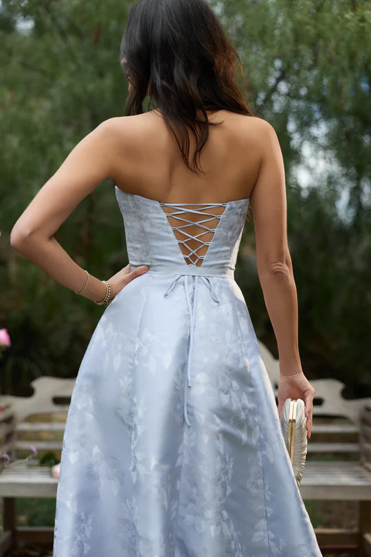 Light Blue Floral Jacquard Strapless Corset Back Midi Evening Dresses