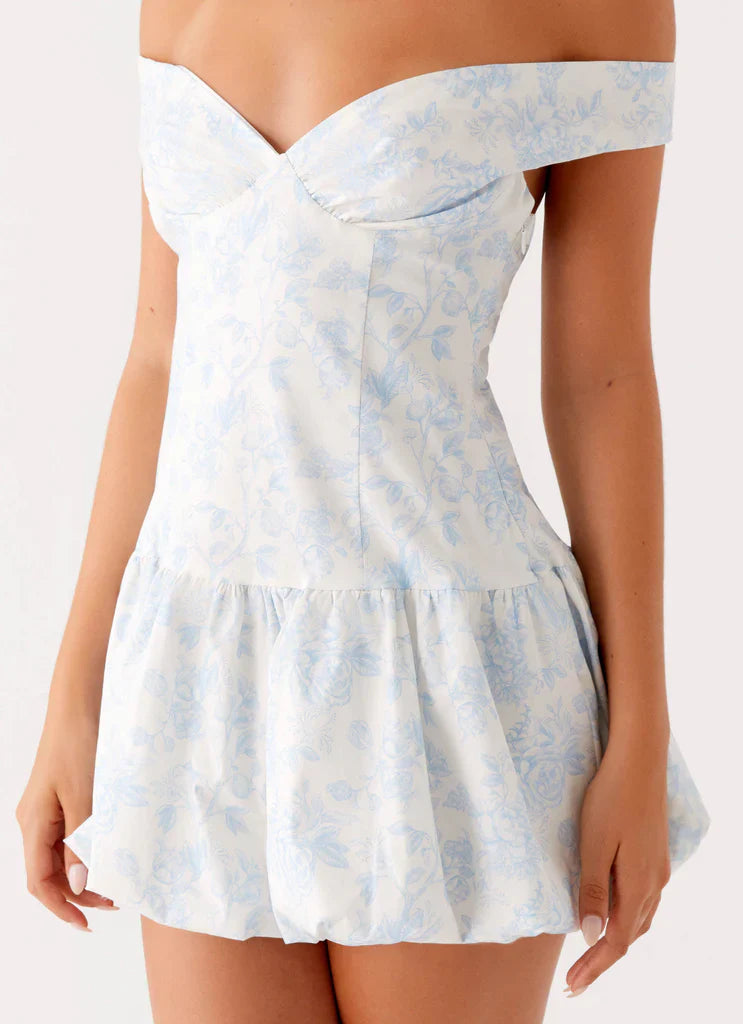 Light Blue Floral Off Shoulder Backless Ruffle Mini Dress For Elegant Casual Party Events