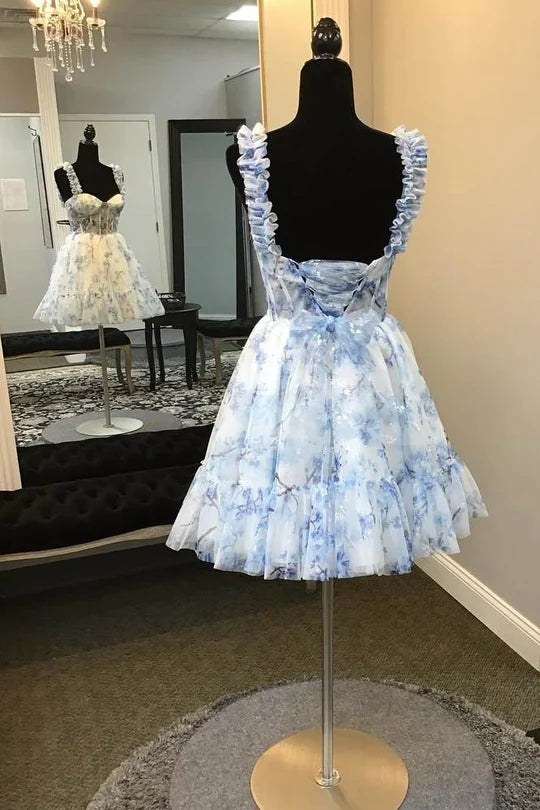 Light Blue Floral Print Ruffle Strap Corset Tulle Mini Dress with Bow Back