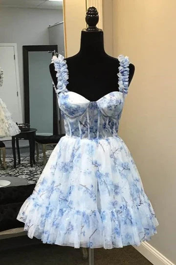 Light Blue Floral Print Ruffle Strap Corset Tulle Mini Dress with Bow Back