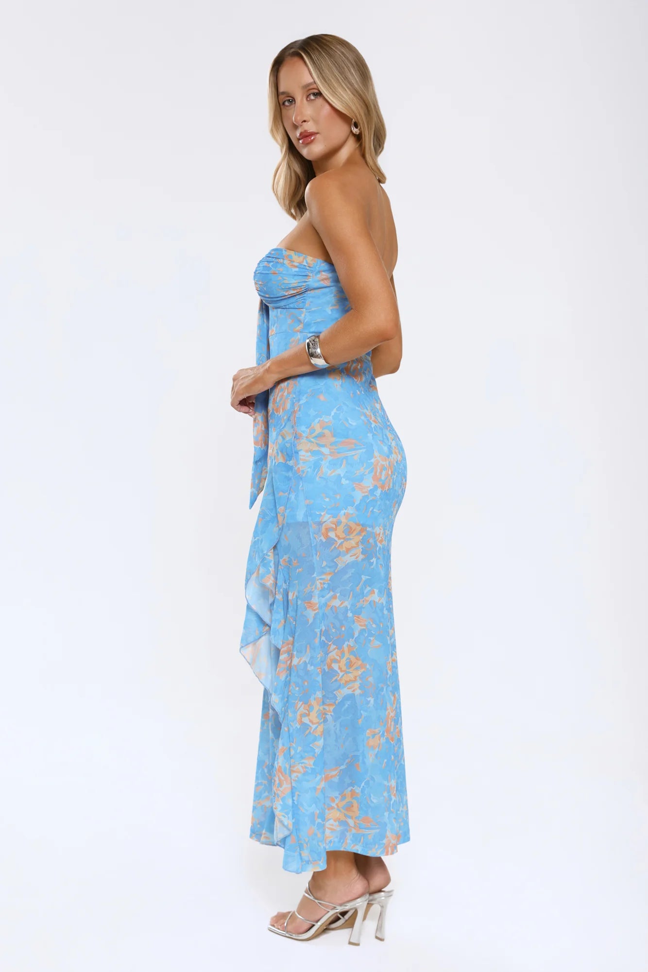 Light Blue Floral Print Strapless Sweetheart Asymmetrical Ruffle Midi Evening Dresses