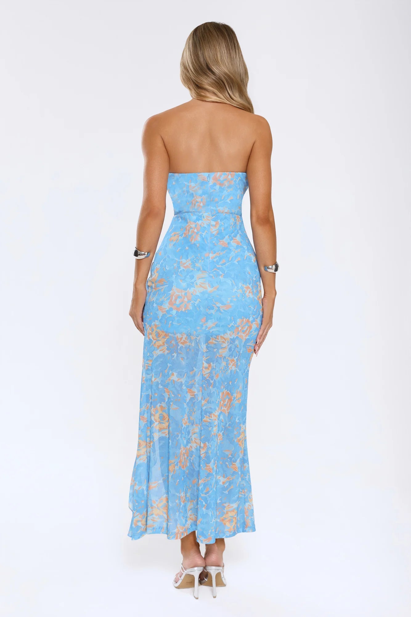Light Blue Floral Print Strapless Sweetheart Asymmetrical Ruffle Midi Evening Dresses