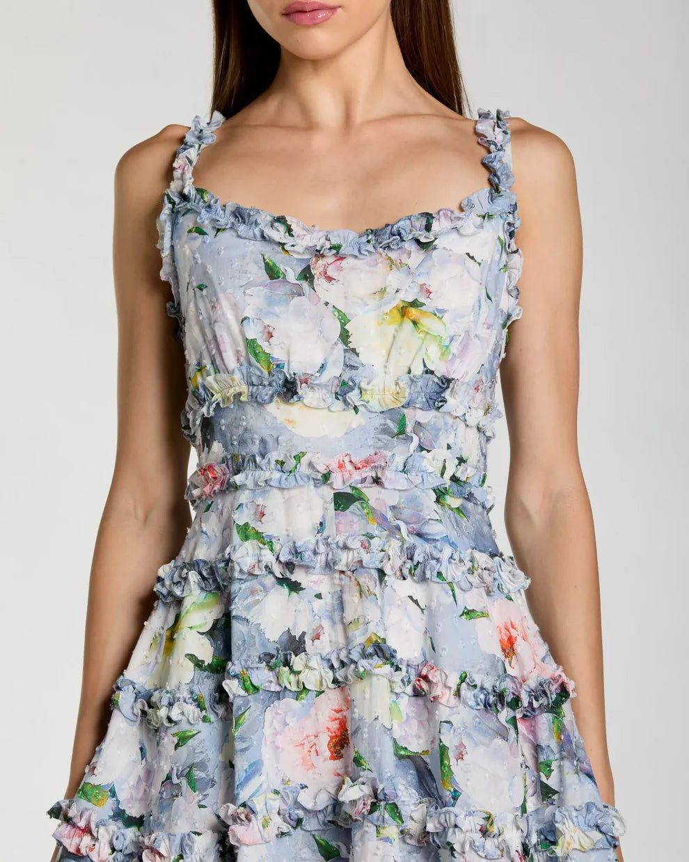 Light Blue Floral Spaghetti Strap Tiered Ruffle Homecoming Dresses