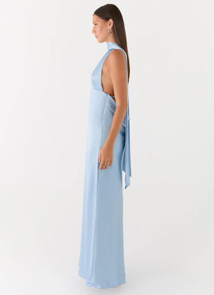 Light Blue Halter Neck Deep V Backless Satin Maxi Evening Dress For Elegant Formal Evening Events
