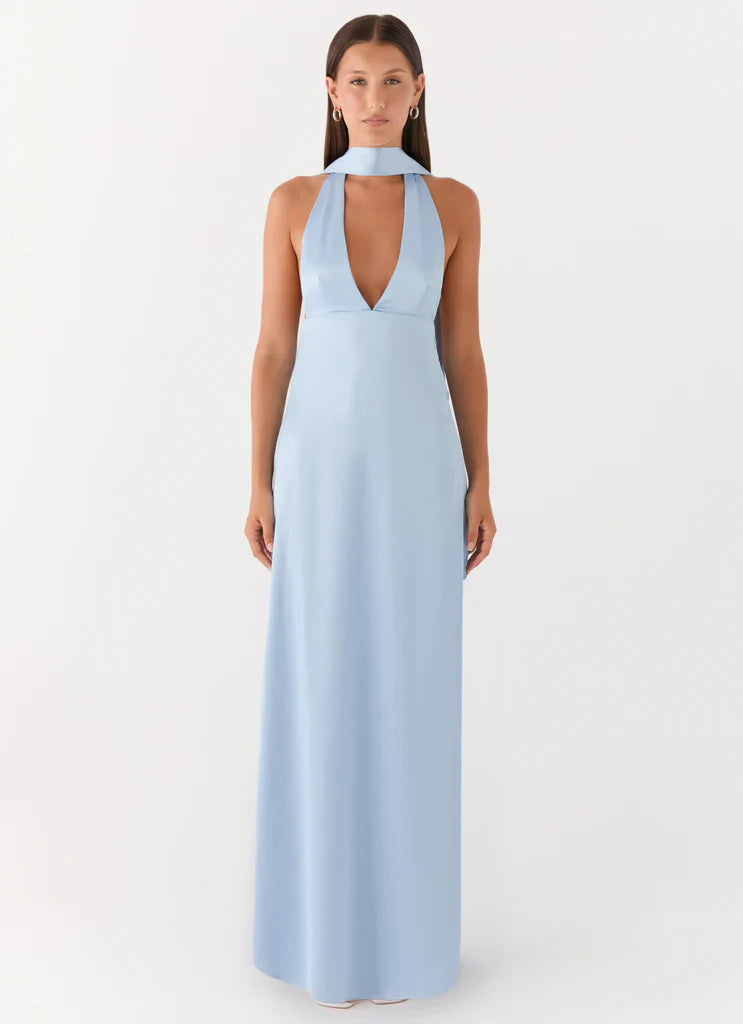 Light Blue Halter Neck Deep V Backless Satin Maxi Evening Dress For Elegant Formal Evening Events