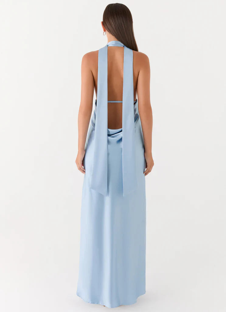 Light Blue Halter Neck Deep V Backless Satin Maxi Evening Dress For Elegant Formal Evening Events