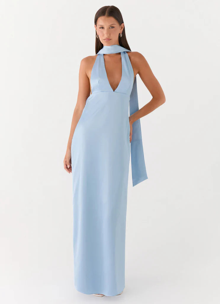 Light Blue Halter Neck Deep V Backless Satin Maxi Evening Dress For Elegant Formal Evening Events