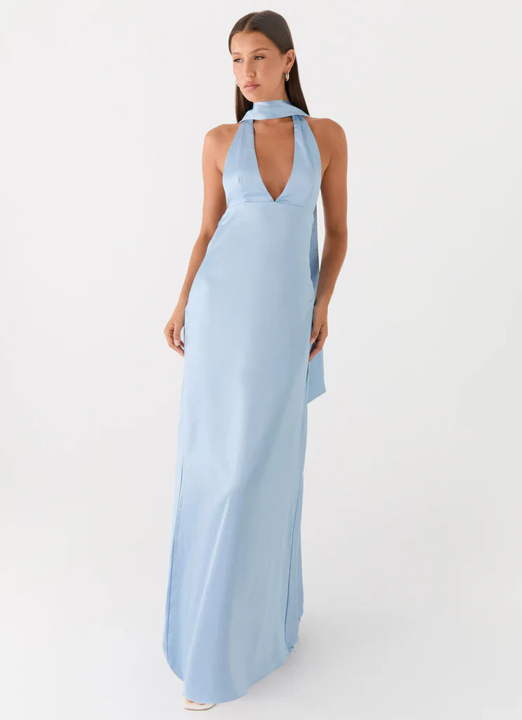 Light Blue Halter Neck Deep V Backless Satin Maxi Evening Dress For Elegant Formal Evening Events