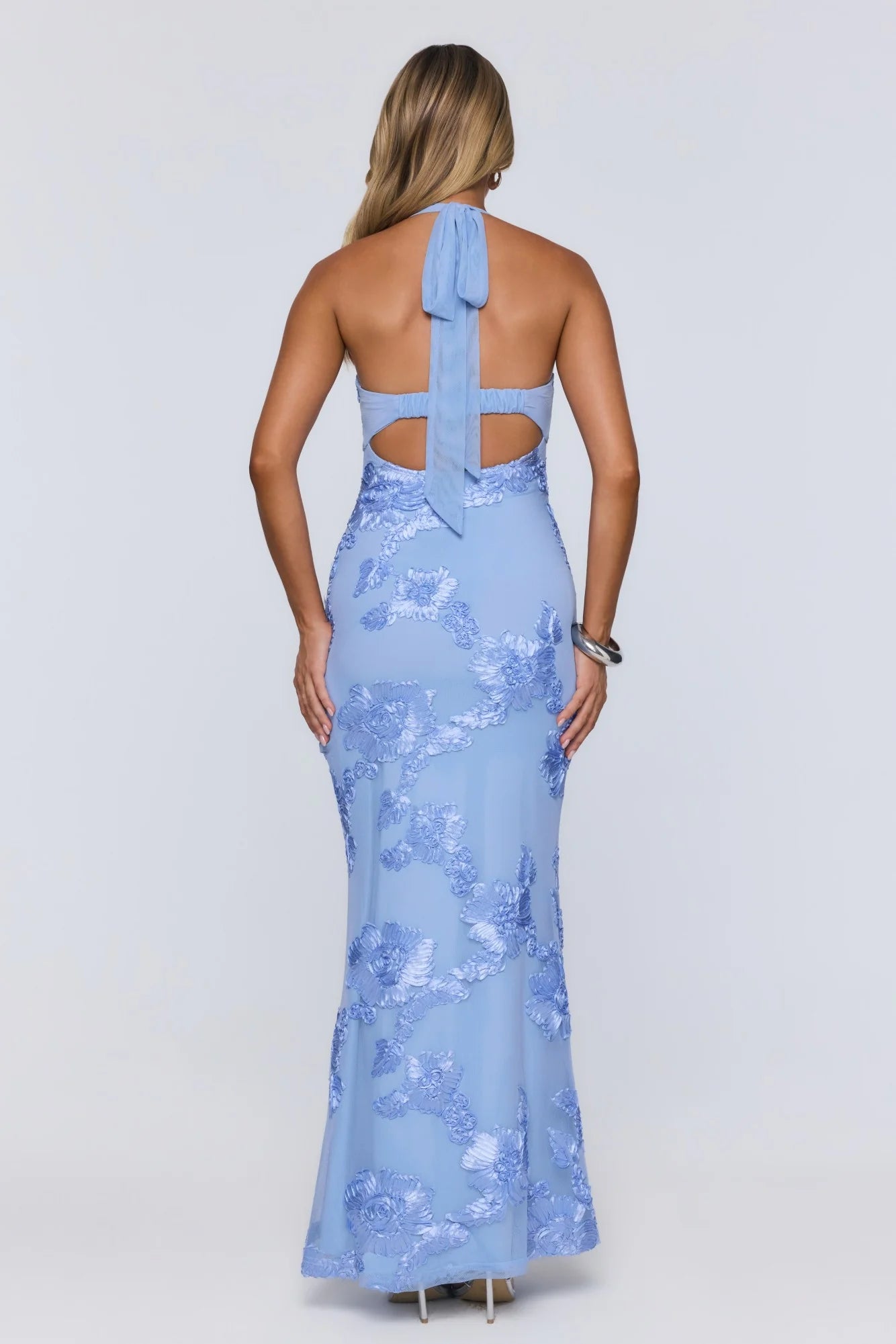 Light Blue Halter Neck Floral Applique Mermaid Evening Dresses